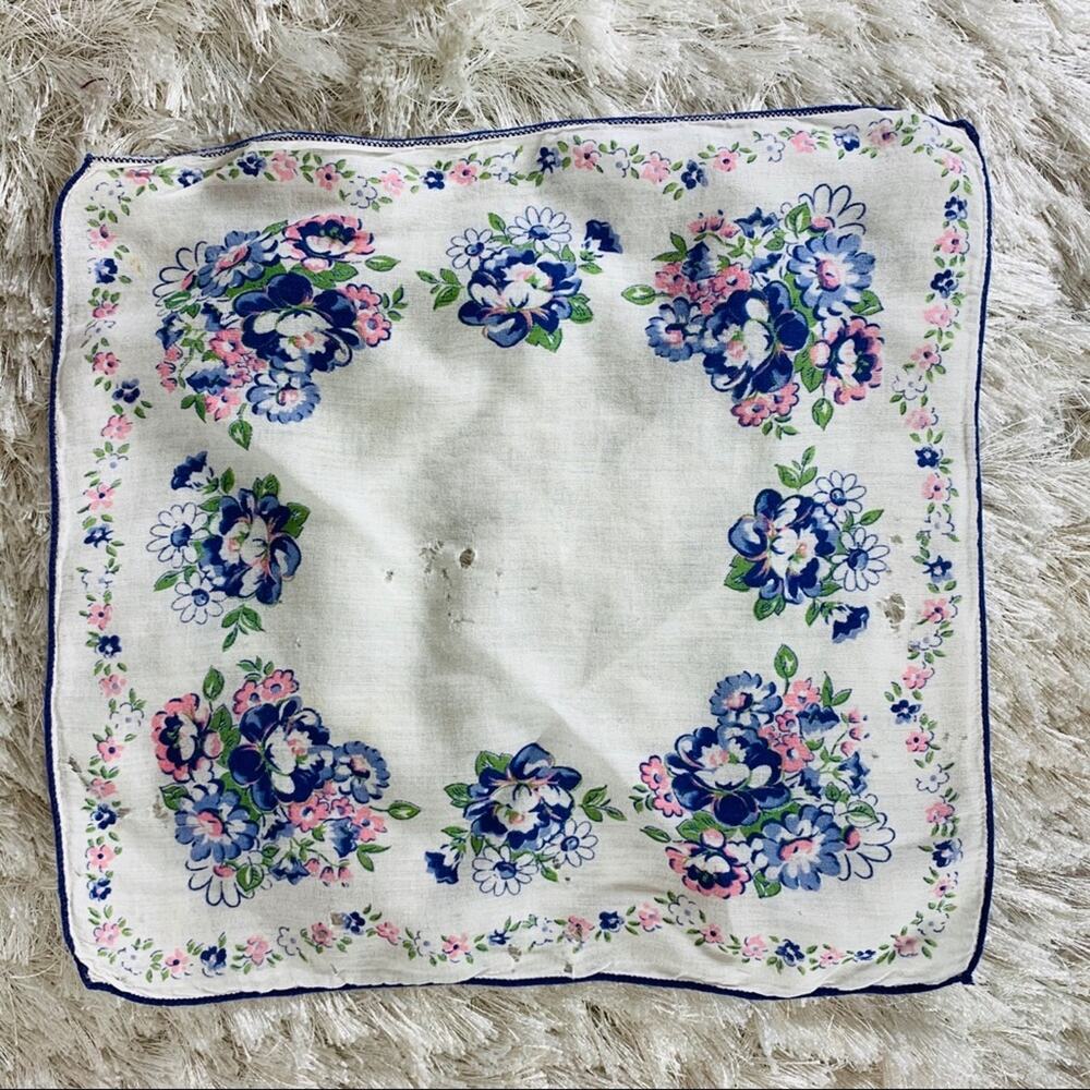 Vintage Handkerchief Floral 60s Cotton Blue Pink